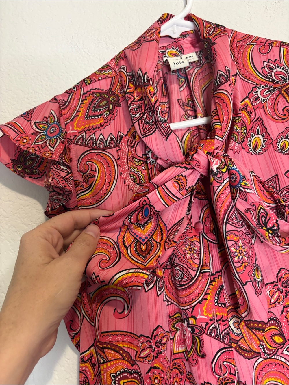 Joie Pink Paisley Tie-Neck Flutter Sleeve Blouse - Picture 4 of 4